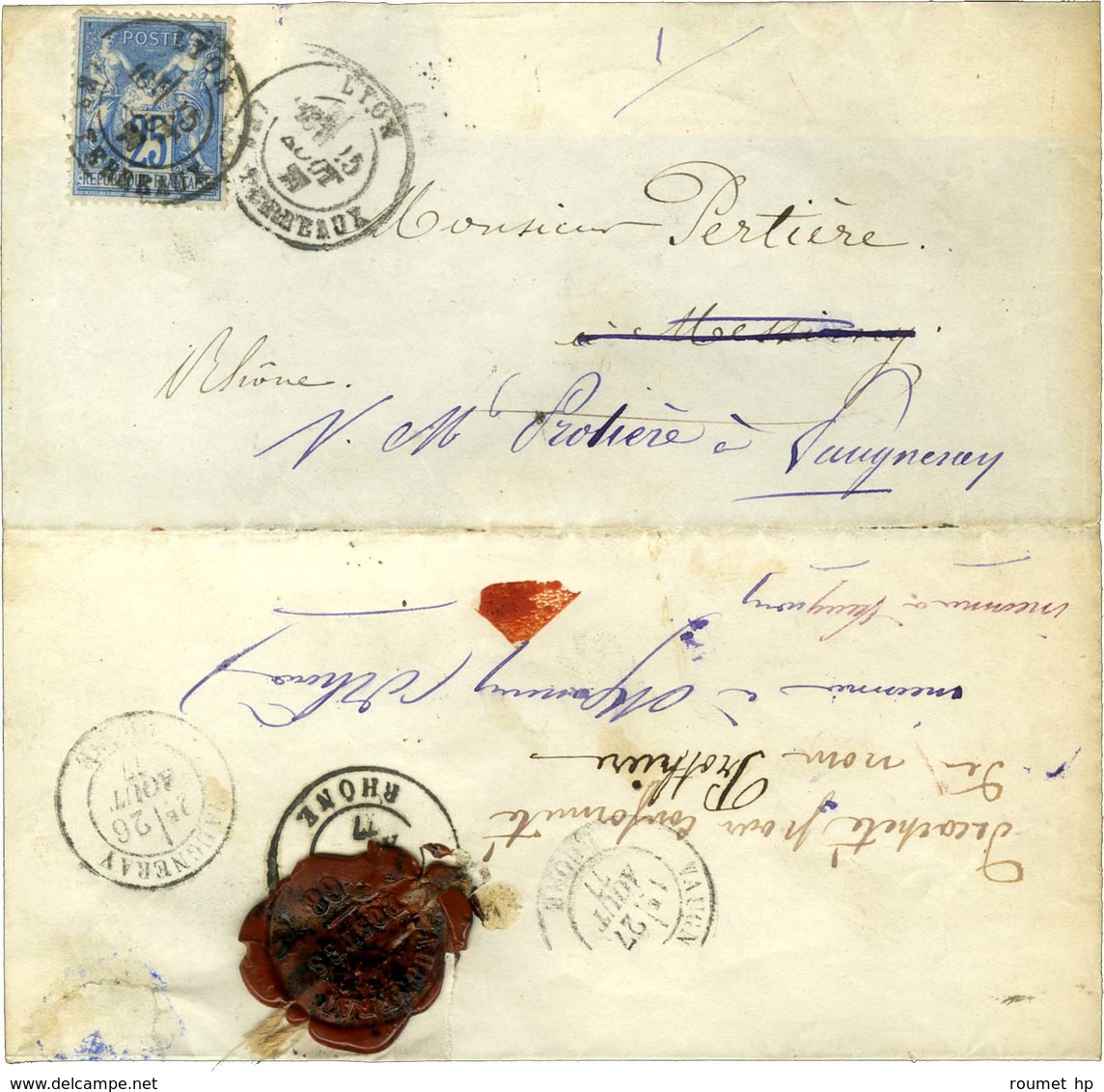 Càd LYON / LES TERREAUX / N° 79 Sur Lettre Pour Vaugneray. Au Verso, Cachet De Cire Avec Ficelle VAUGNERAY / POSTES / 68 - 1877-1920: Periodo Semi Moderno