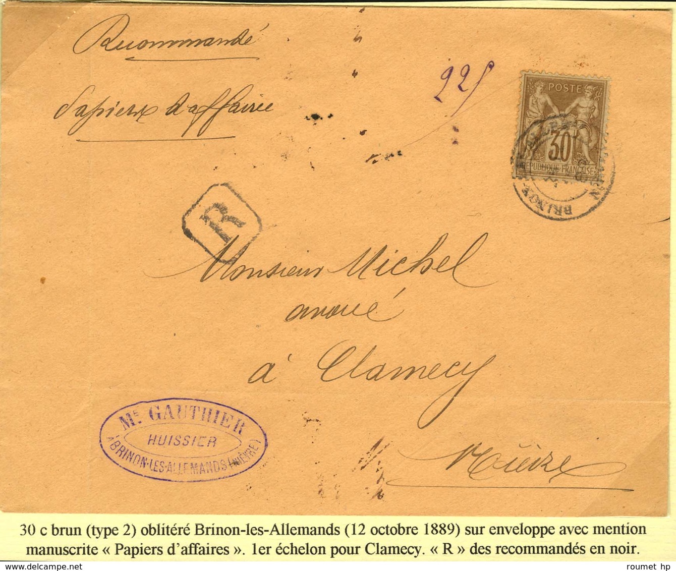 Càd BRINON LES ALLEMANDS / NIEVRE / N° 80 Sur Papiers D'affaires Recommandés 1er échelon. 1889. - TB. - 1877-1920: Periodo Semi Moderno