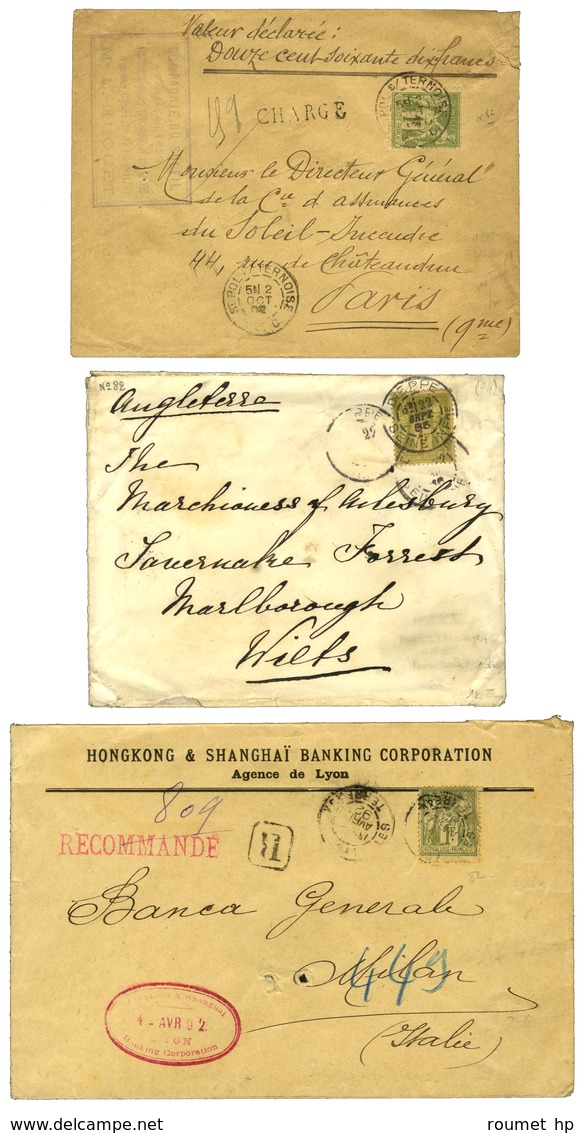 Lot De 3 Lettres Affranchies Avec N° 82 Chargées, Recommandées Pour L'Italie Et 4 Ports Pour L'Angleterre. - TB. - 1877-1920: Semi Modern Period