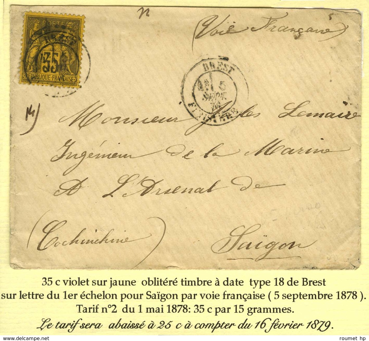 Càd BREST / FINISTERE / N° 93 Sur Lettre Adressée à Saigon. 1878. - TB / SUP. - R. - 1877-1920: Periodo Semi Moderno