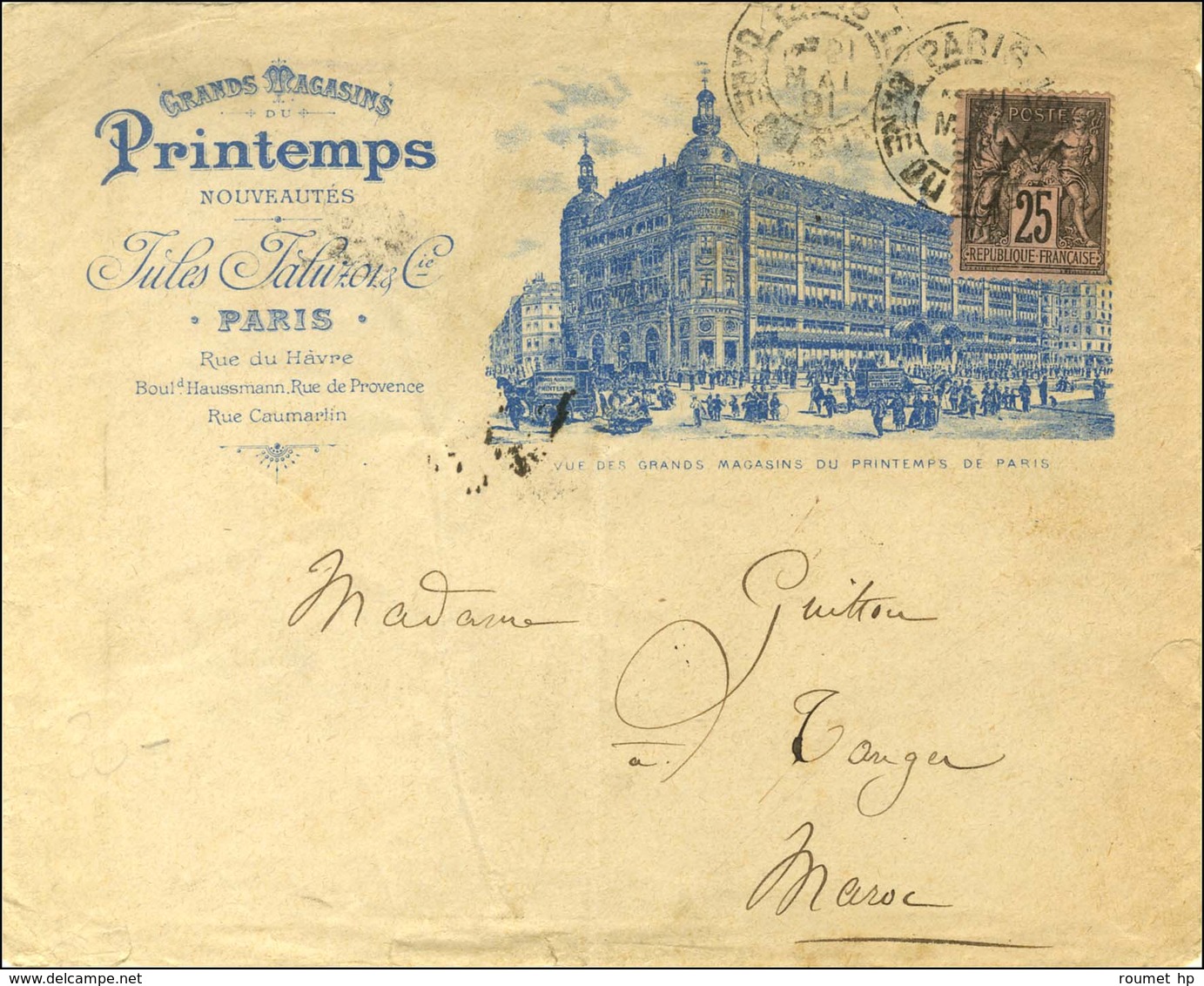 Càd PARIS / GARE DU NORD / N° 97 Sur Enveloppe Illustrée Bleue Des Grands Magasins Du Printemps Pour Tanger. Au Verso, C - 1877-1920: Période Semi Moderne
