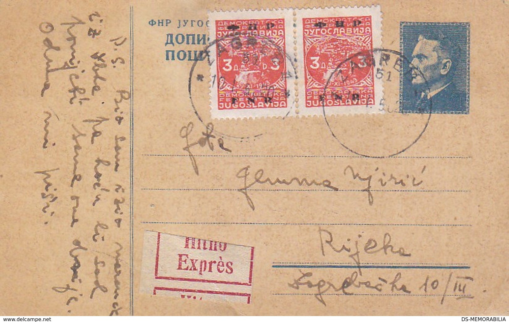 Yugoslavia Express Stationery Zagreb 1950 Bahnpost Railway TPO Postmark Zagreb-Rijeka 23 - Postal Stationery