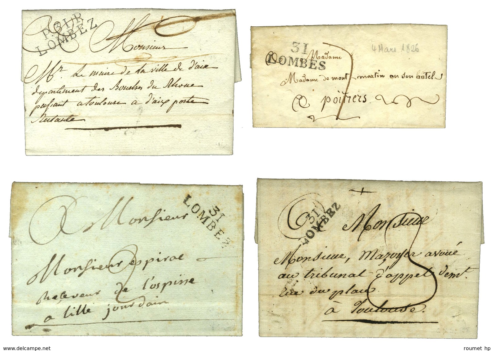 Lot De 4 Lettres De Lombez : 1 PD 1807, Idem 1814, Idem 1826 Et PP 1810. - SUP. - Autres & Non Classés