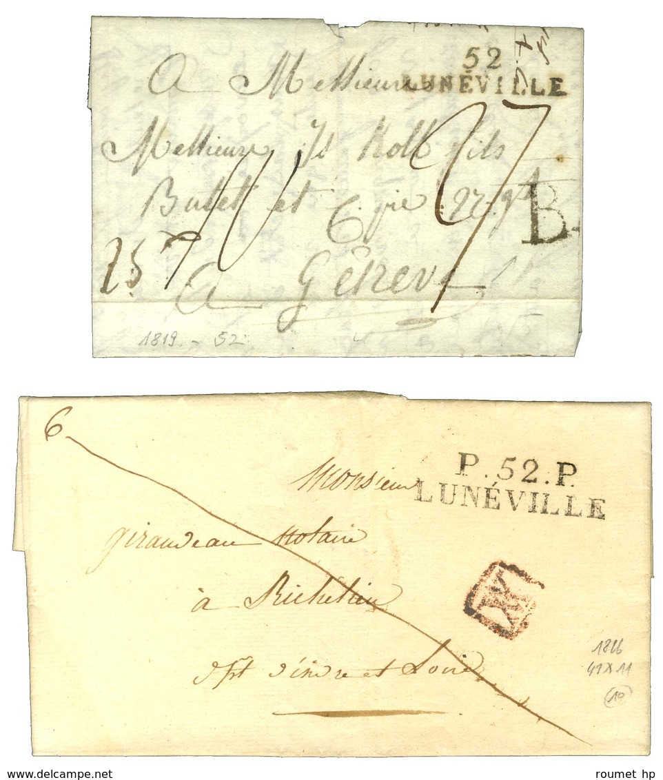 Lot De 2 Lettres : 52 / LUNEVILLE Sur Lettre Pour Genève. Au Recto, Lettre B En Transit Et P. 52. P. / LUNEVILLE 1826. - - Altri & Non Classificati