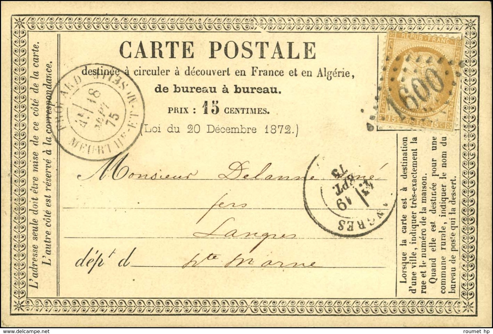 GC 1600 / N° 55 Càd T 18 FROUARD / MEURTHE-ET-MOSELLE Sur CP Pour Langres. 1875. - TB / SUP. - Other & Unclassified