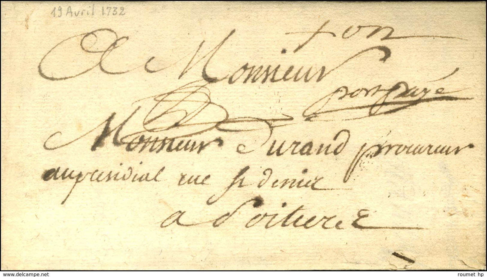 Lettre Avec Texte Daté De Fontenay Le Comte Pour Poitiers. Au Recto, Mention Manuscrite '' Port Payé '' (L N° 4). 1732.  - Other & Unclassified