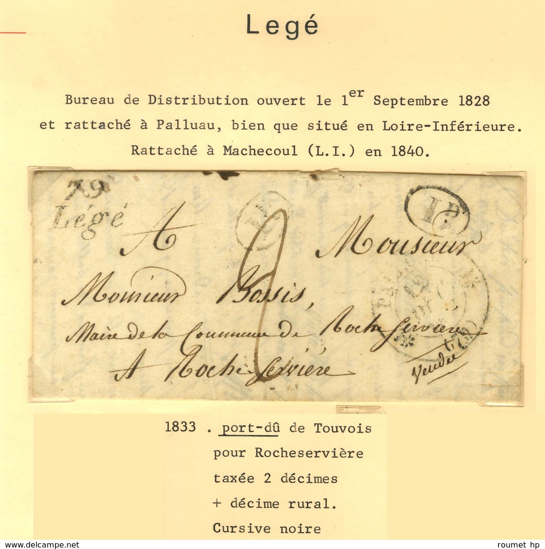 Lot de 13 marques postales et oblitérations de d'Aizenay, la Barre de Mont, Bouin, l'Ile d'Yeu et Lège. - B / TB.