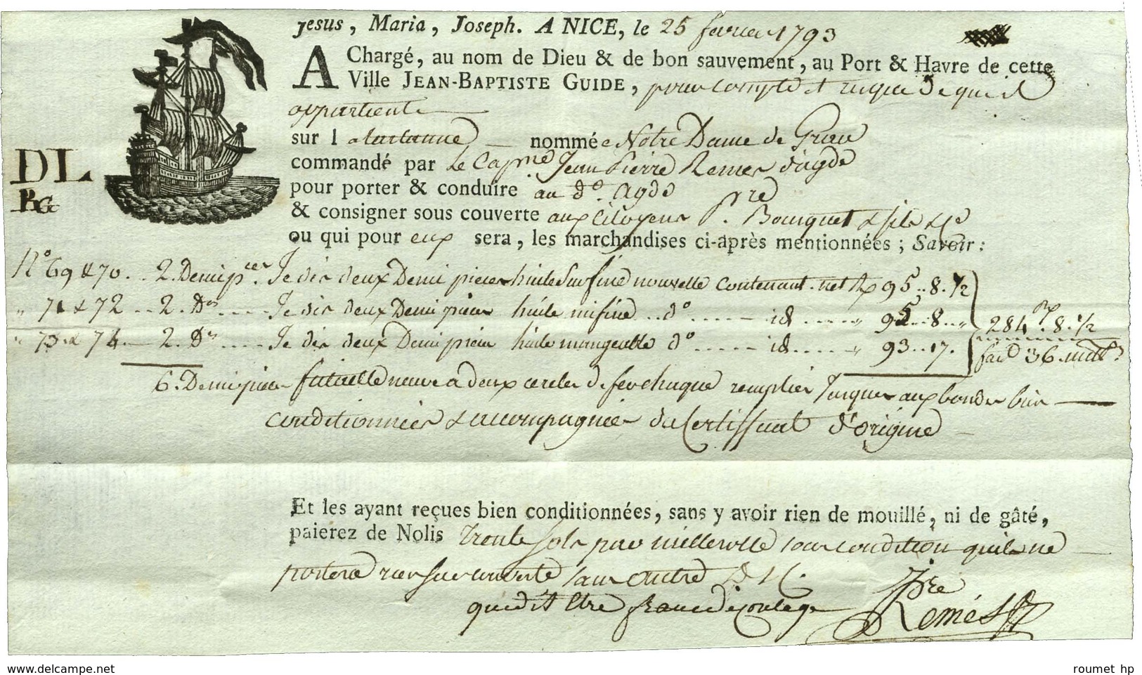 NICE (grand Modèle) Rouge Sur Lettre Avec Texte Daté Du 25 Février 1793 Pour Agde Comprenant Un Connaissement. - SUP. - Other & Unclassified