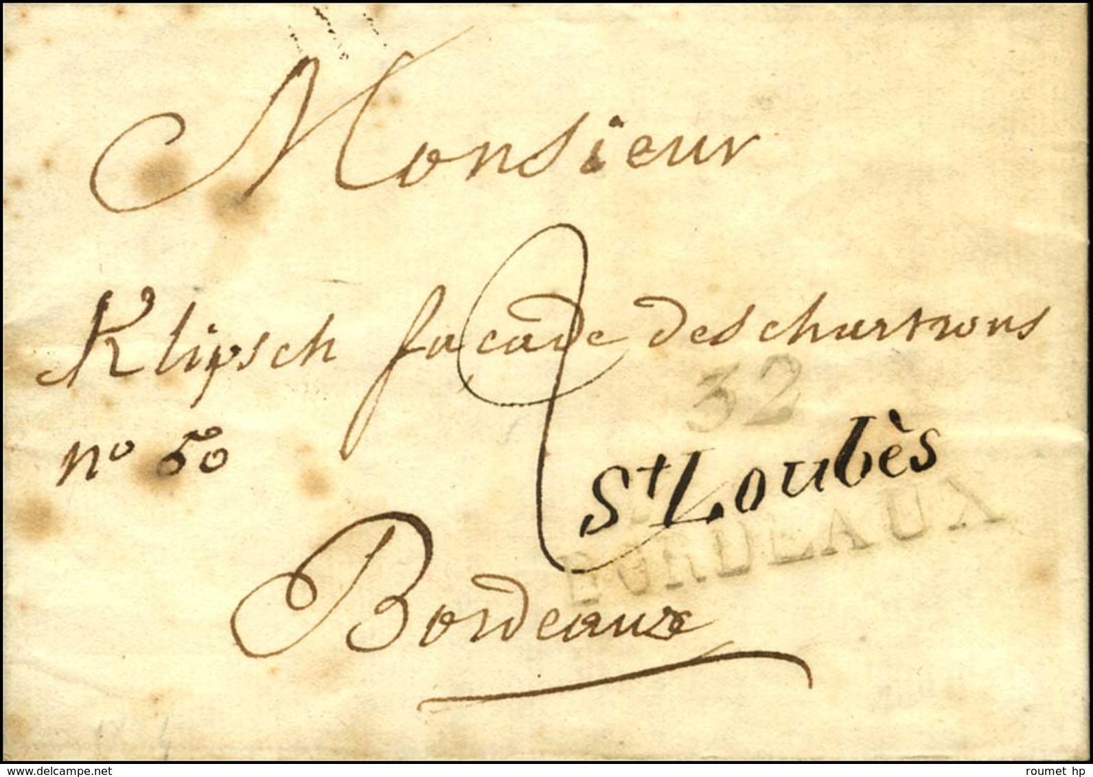 32 / '' St Loubès '' / BORDEAUX. Double Cursive Rectifiée à La Main Sur Lettre Avec Texte Daté De Beauval Par Ste Loube  - 1801-1848: Vorläufer XIX