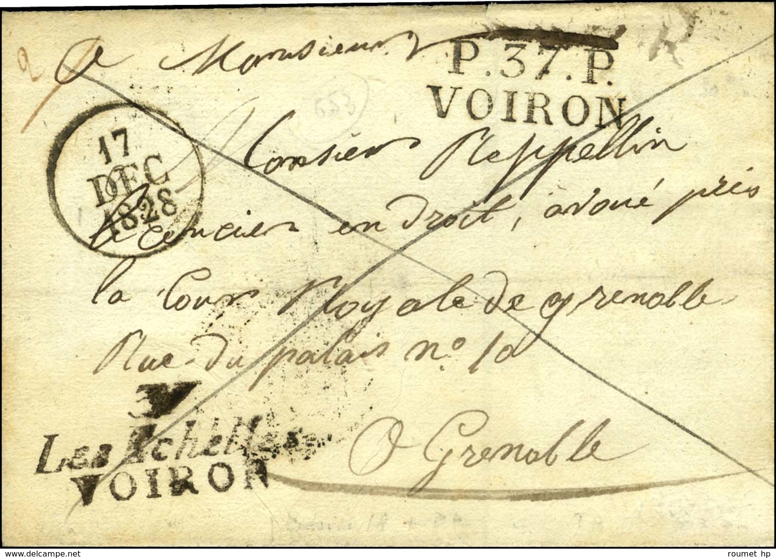 Cursive 37 / Les Echelles / VOIRON + P. 37. P. / VOIRON, Dateur A. 1828. - SUP. - R. - 1801-1848: Precursors XIX