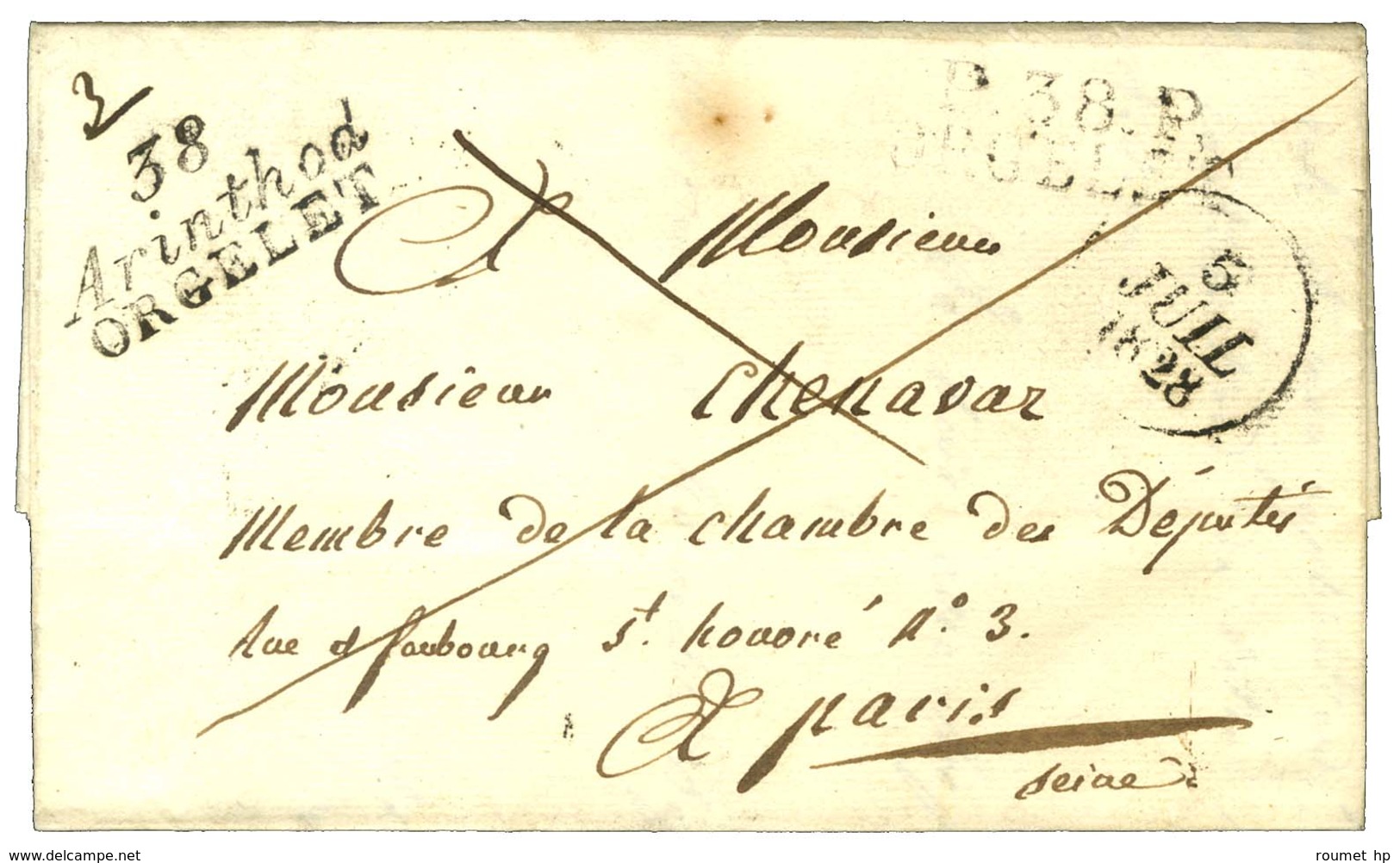 Cursive 38 / Arinthod / ORGELET + P. 38. P. / ORGELET, Dateur A. 1828. - TB / SUP. - R. - 1801-1848: Precursors XIX