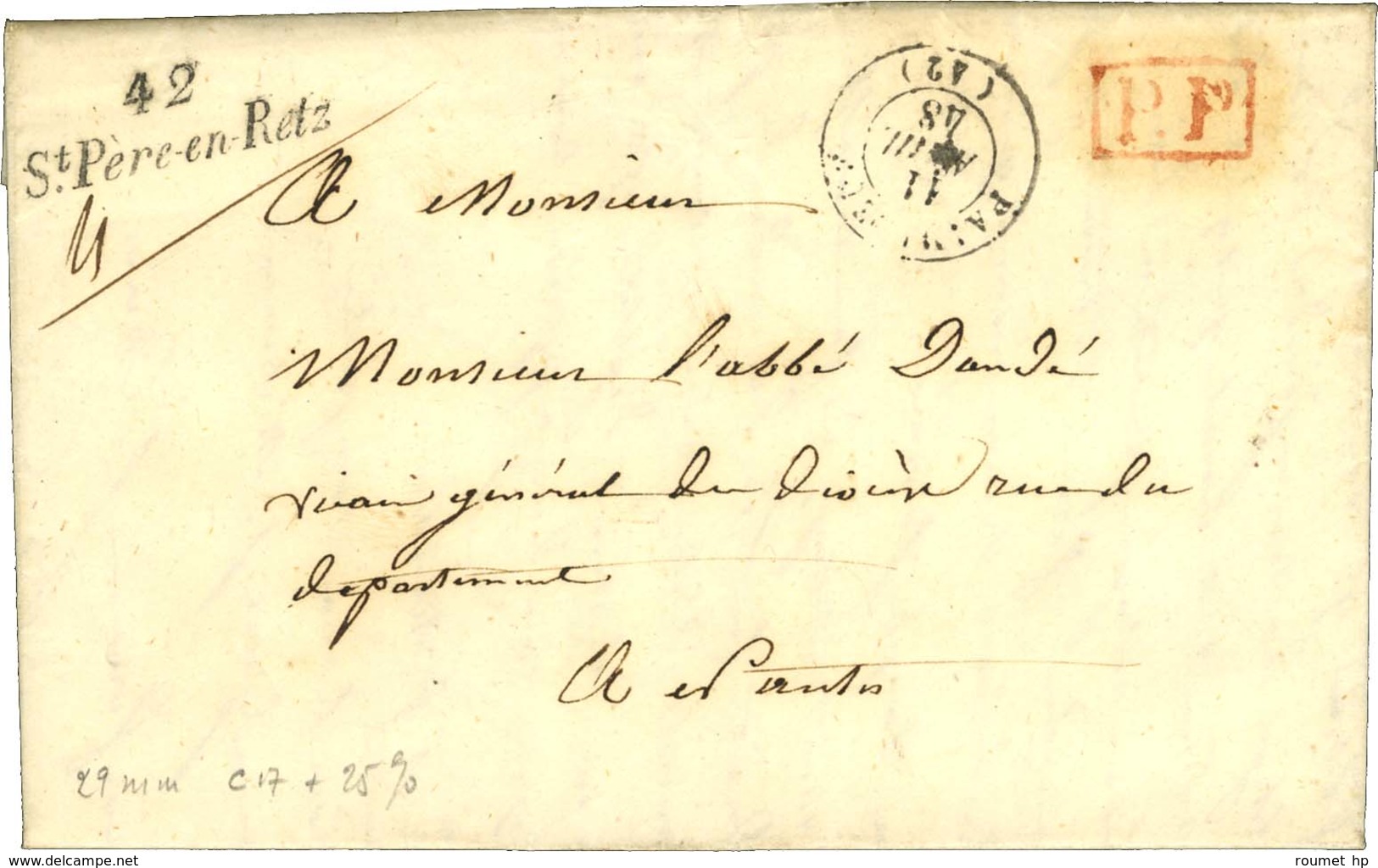 Cursive 42 / St Père-en-Retz + P.P. Rouge Sur Lettre Pour Nantes. 1848. - SUP. - 1801-1848: Precursors XIX