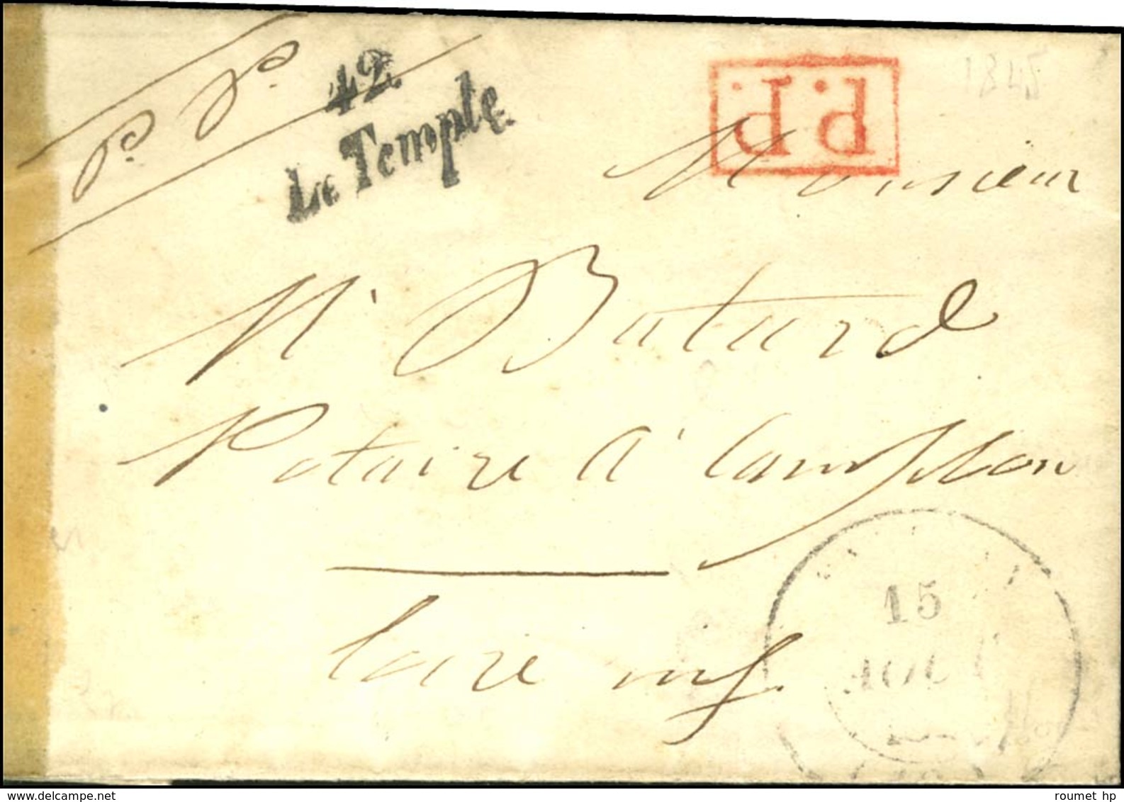 Cursive 42 / Le Temple + P.P. Rouge. 1845. - TB / SUP. - R. - 1801-1848: Precursors XIX