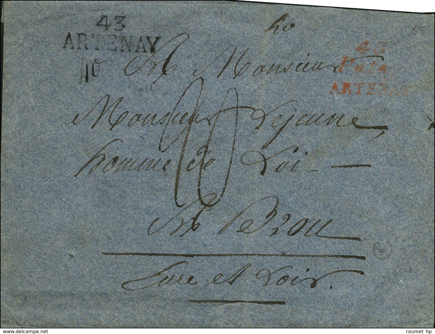 Cursive Rouge 43 / Patay / ARTENAY + 43 / ARTENAY Sur Lettre Sans Texte. - TB. - R. - 1801-1848: Precursors XIX