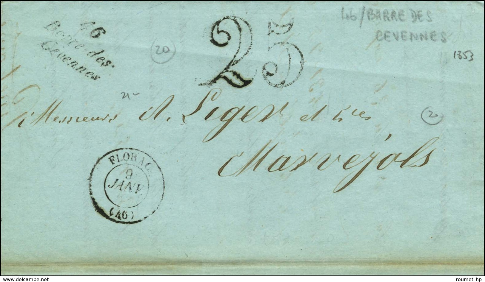 Cursive 46 / Barre Des / Cévennes, Taxe 25 DT Et Càd T 15 FLORAC (46) Sur Lettre Pour Marvejols. 1853. - TB / SUP. - 1801-1848: Precursors XIX