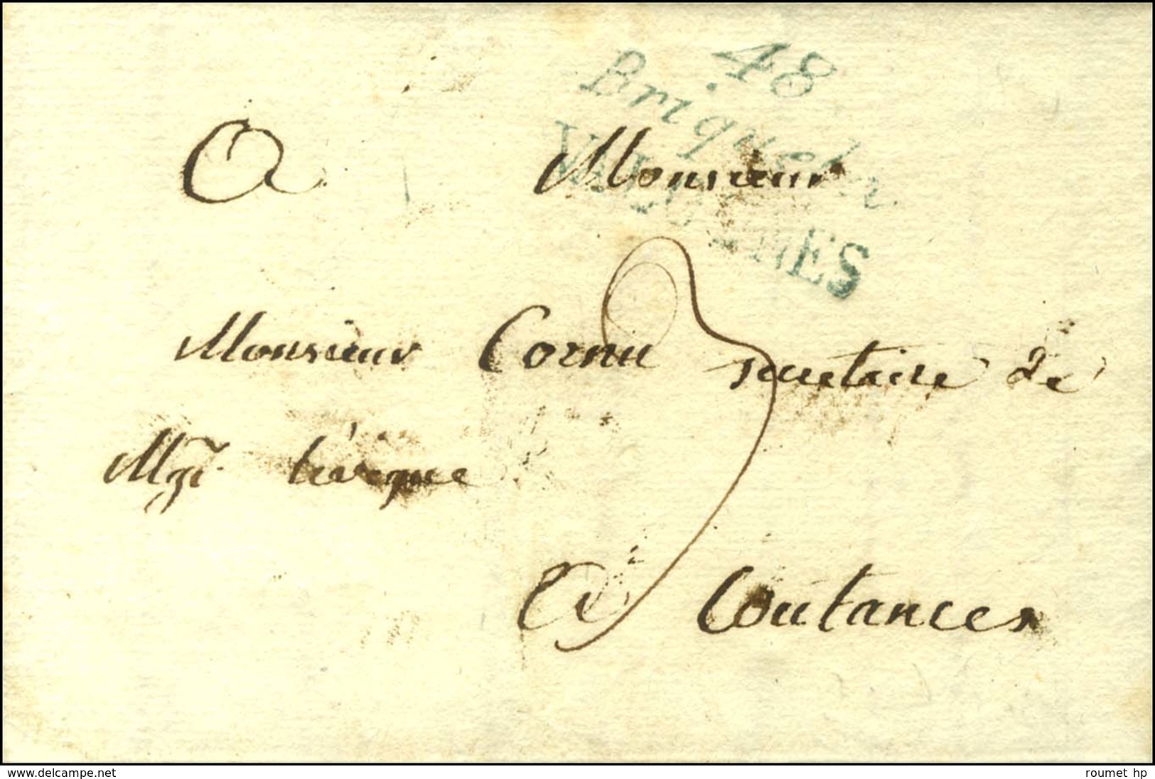 Cursive Bleue 48 / Briquebec / VALOGNES Sur Lettre Pour Coutances. 1820. - TB. - RR. - 1801-1848: Precursors XIX