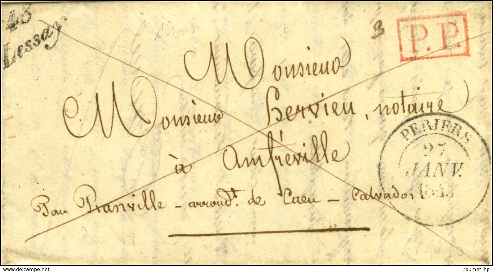 Cursive 48 / Lessay + P.P. Rouge Sur Lettre Pour Amfreville. 1843. - TB / SUP. - R. - 1801-1848: Precursors XIX