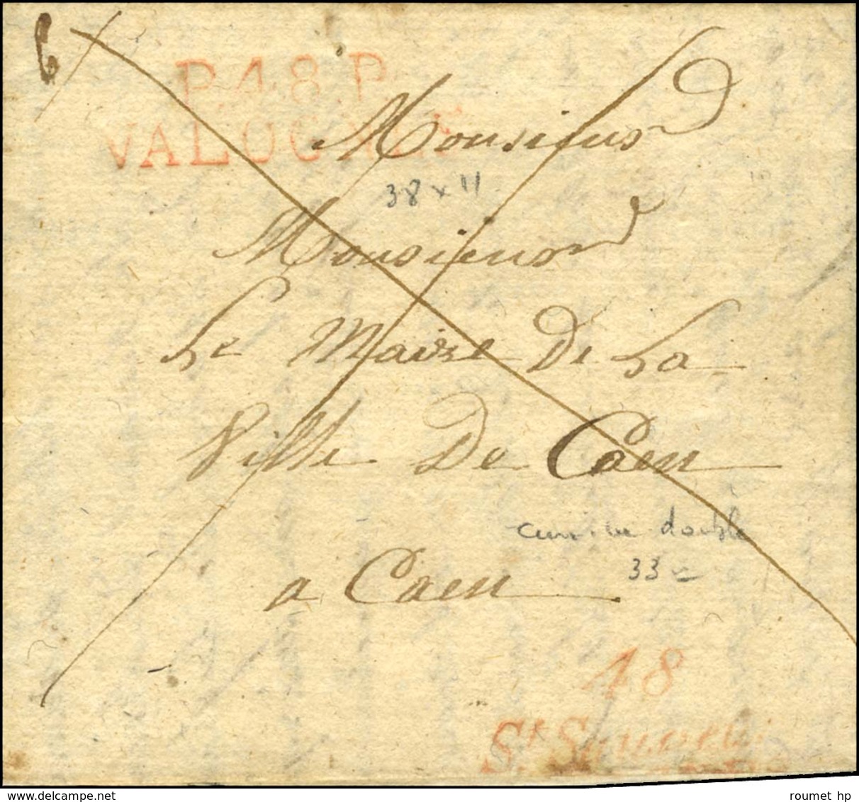 Cursive Rouge 48 / St Sauveur + P. 48. P. / VALOGNE Rouge Sur Lettre Avec Texte Daté De Casteville. 1824. - TB. - R. - 1801-1848: Precursors XIX