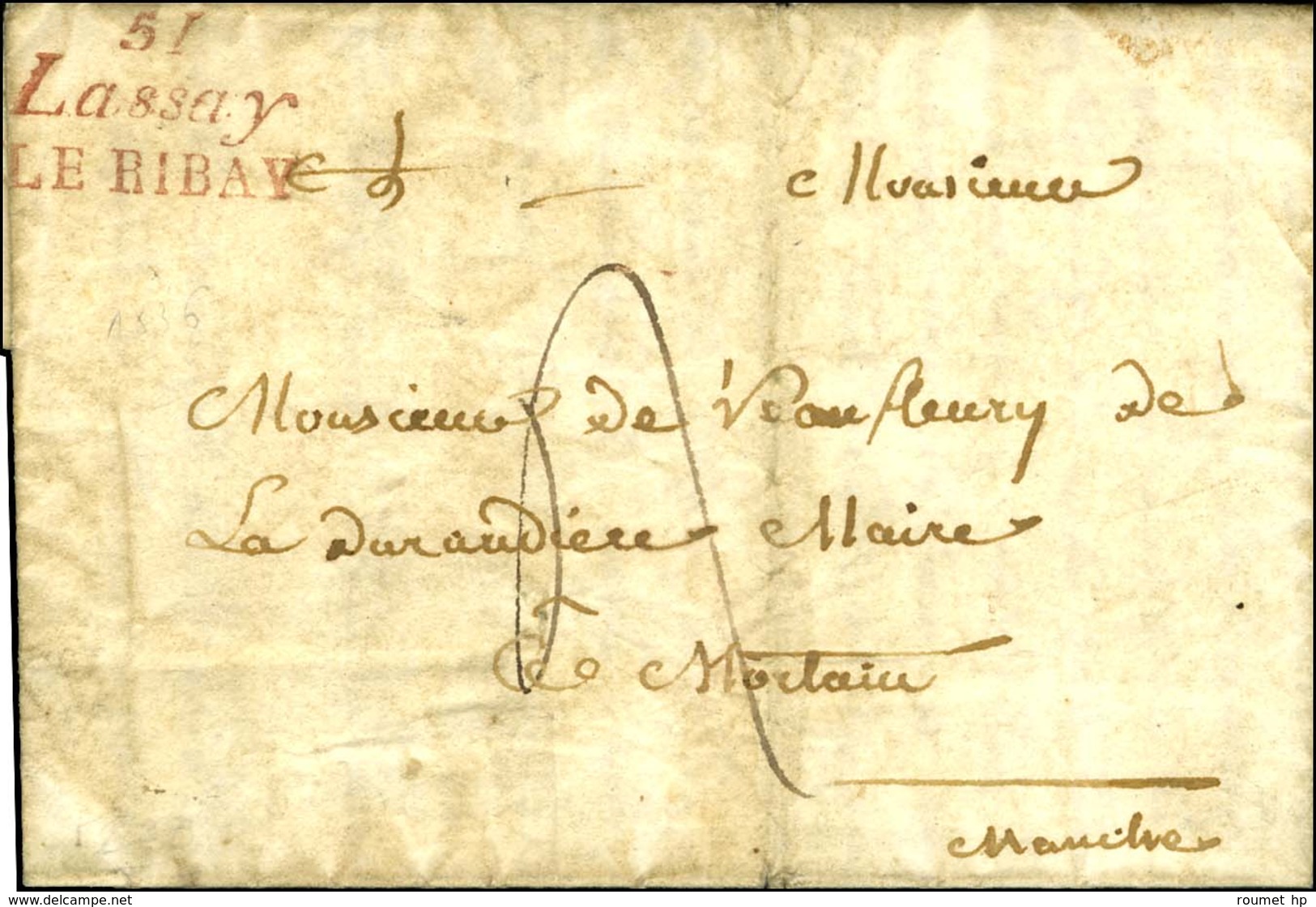 Cursive Rouge 51 / Lassay / LE RIBAY Sur Lettre Pour Mortain. 1823. - TB. - R. - 1801-1848: Precursors XIX