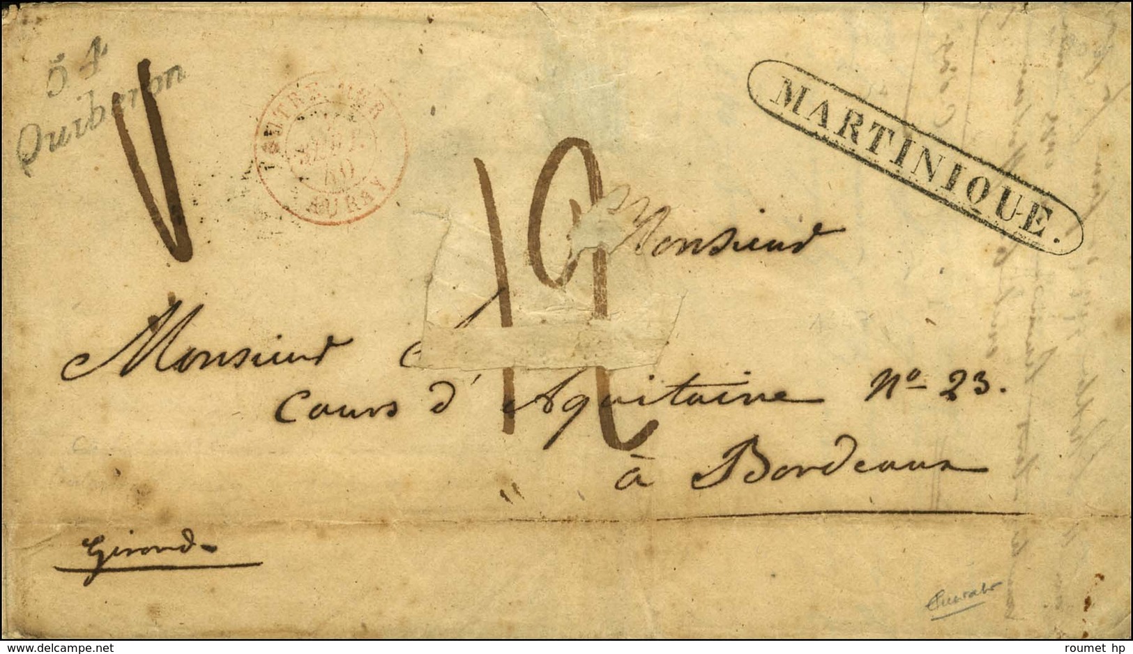 MARTINIQUE Encadrée Sur Lettre De La Martinique Pour Bordeaux, MP D'entrée 54 / Quiberon Et Càd Rouge D'entrée OUTRE MER - 1801-1848: Precursors XIX