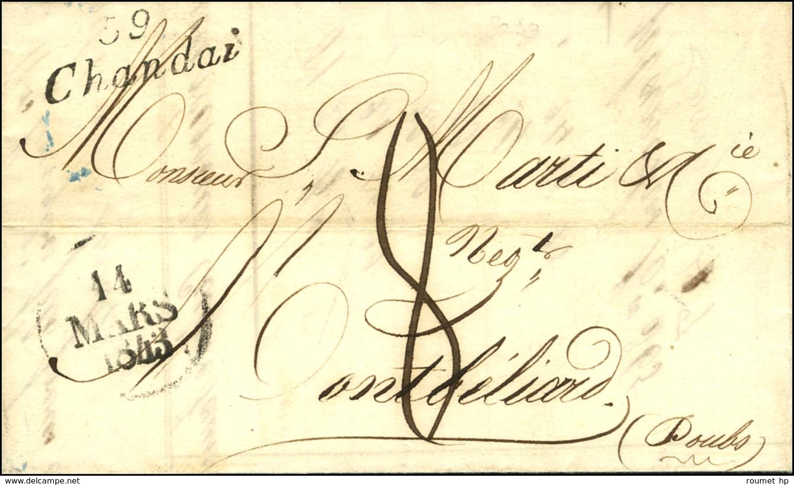 Cursive 59 / Chandai (28 X 10 Mm) Sur Lettre Pour Montbéliard, Dateur A. 1843. - SUP. - 1801-1848: Precursors XIX
