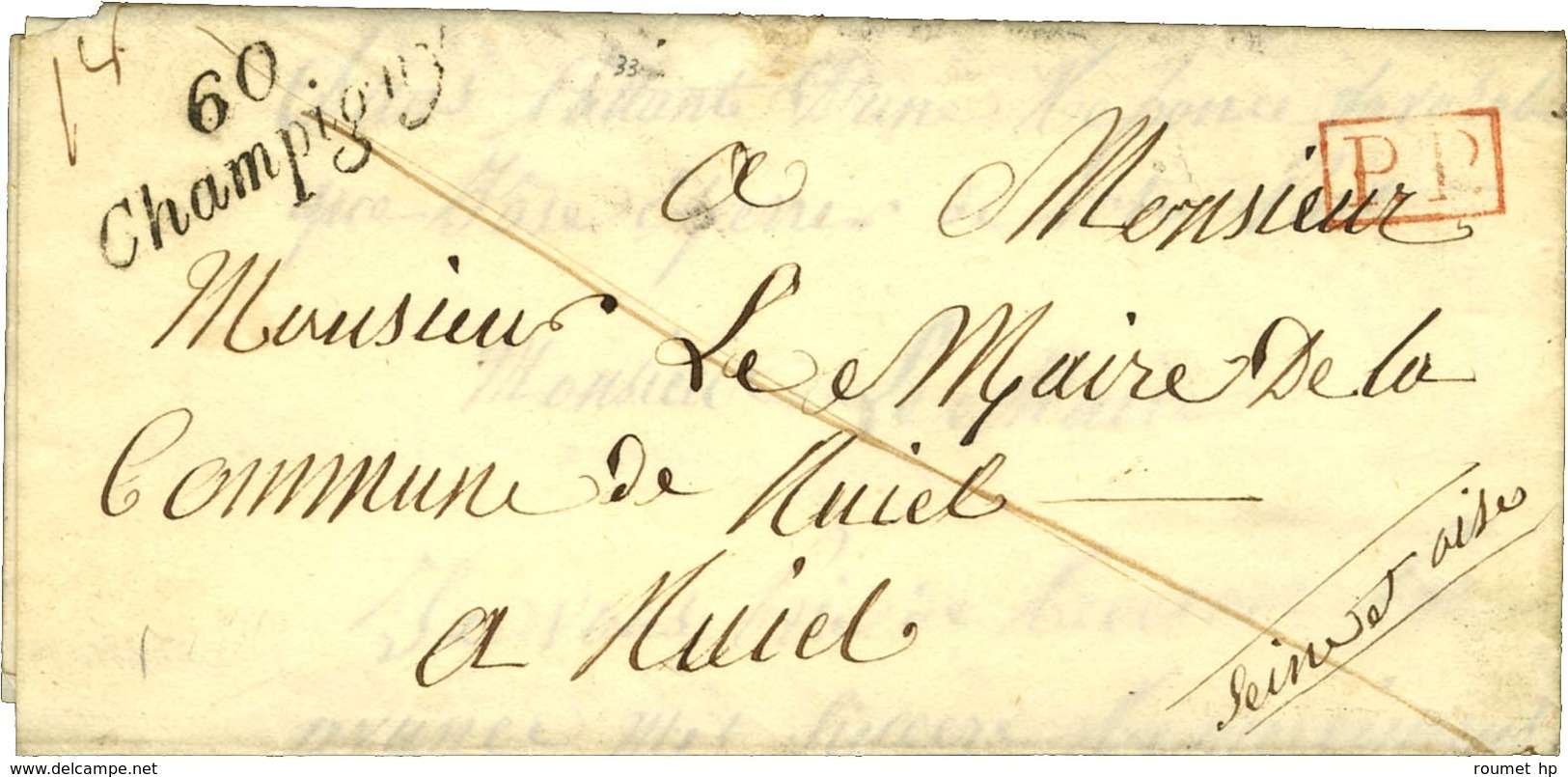 Cursive 60 / Champigny + P.P. Rouge Sur Lettre Pour Rueil. 1838. - SUP. - 1801-1848: Precursors XIX