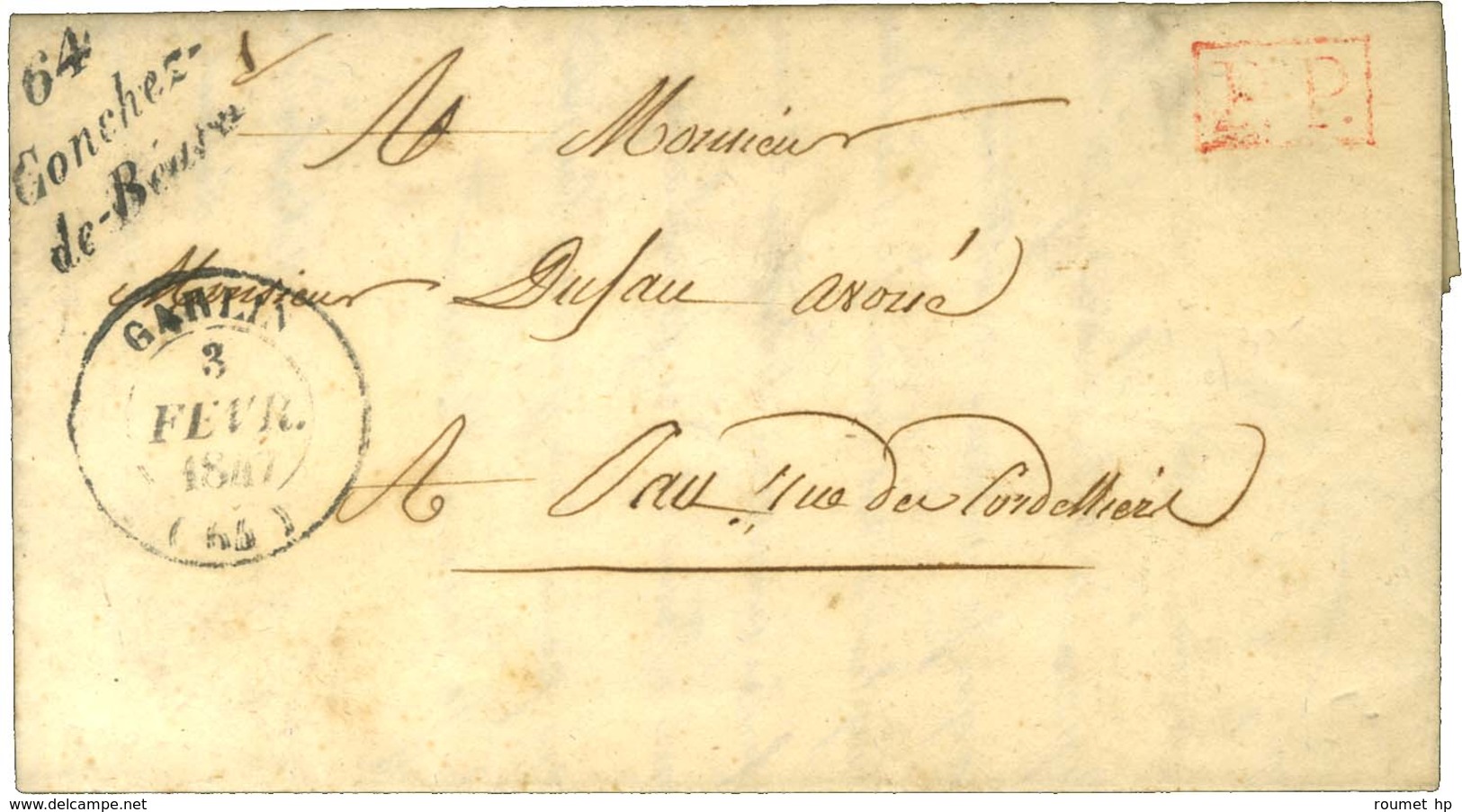 Cursive 64 / Conchez / De Béarn + P.P. Rouge Càd T 14 GARLIN (64). 1847. - TB / SUP. - 1801-1848: Precursors XIX