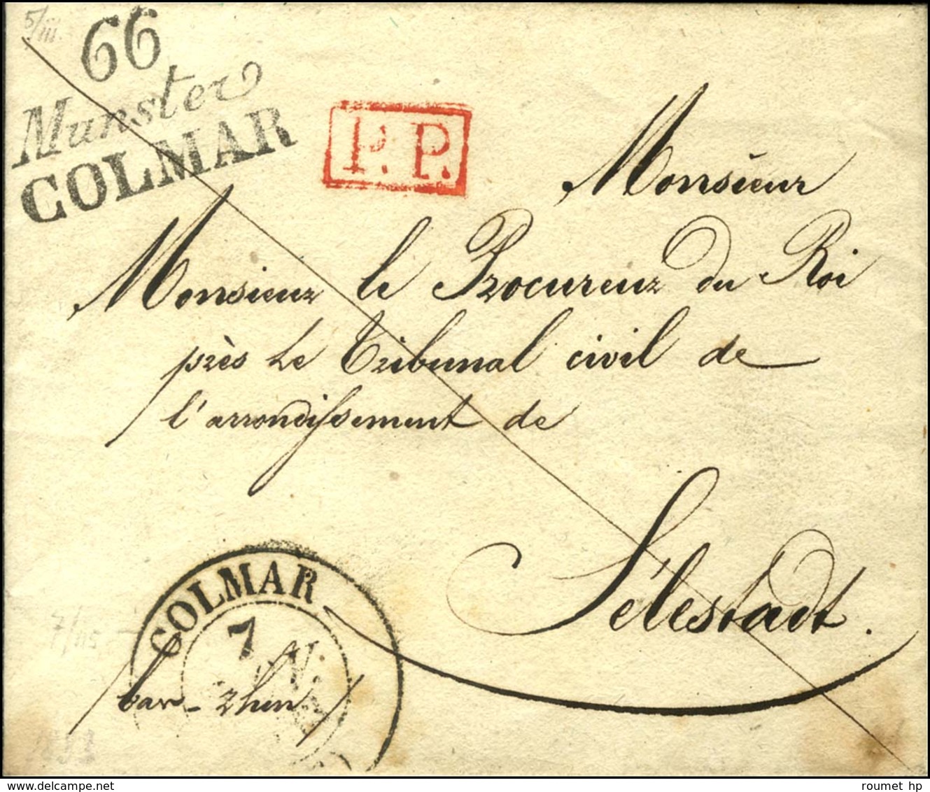 Cursive 66 Munster / COLMAR + P.P. Rouge Càd T 13 COLMAR. 1833. - SUP. - R. - 1801-1848: Precursors XIX