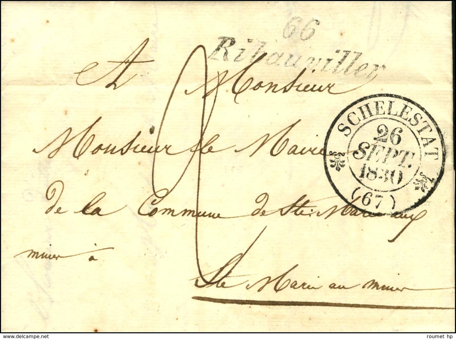 Cursive 66 / Ribauviller + Càd T 12 SCHELESTAT (67). 1830. - SUP. - RR. - 1801-1848: Precursors XIX