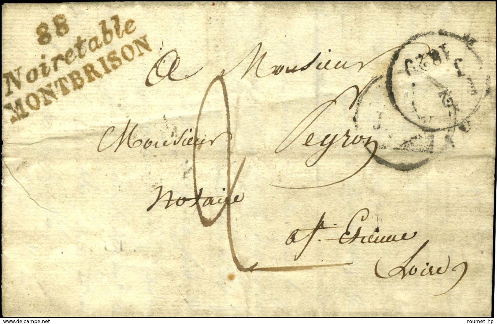 Cursive 88 / Noiretable / MONTBRISON (encrage Rouge-noir) + Dateur A. 1828. - TB / SUP. - RR. - 1801-1848: Precursors XIX