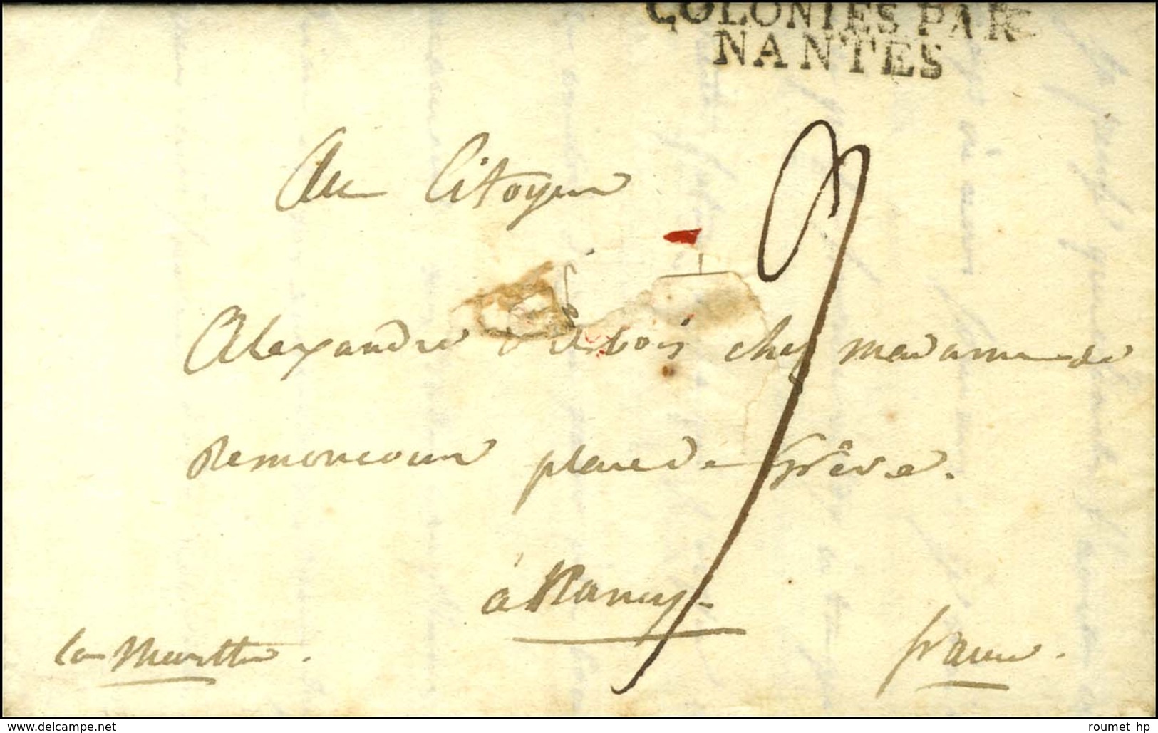 Lettre Avec Texte Daté De Jérémie Le 27 Ventose An 10 Pour Nancy. Au Recto, MP COLONIES / PAR / NANTES. - TB. - Army Postmarks (before 1900)