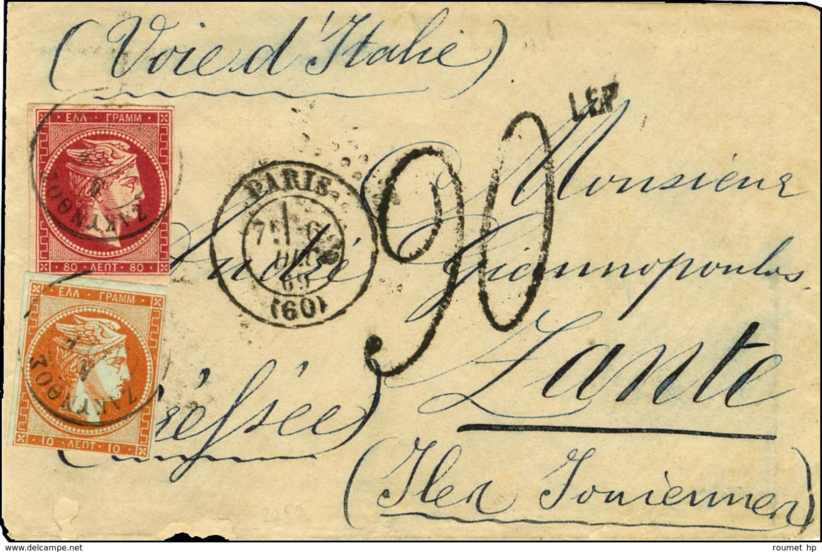 Càd PARIS (60) Sur Lettre Non Affranchie Pour Zante (Îles Ioniennes), Au Recto Taxe Tampon 90 LEP Et TP 10 + 80 L Oblité - 1801-1848: Precursori XIX