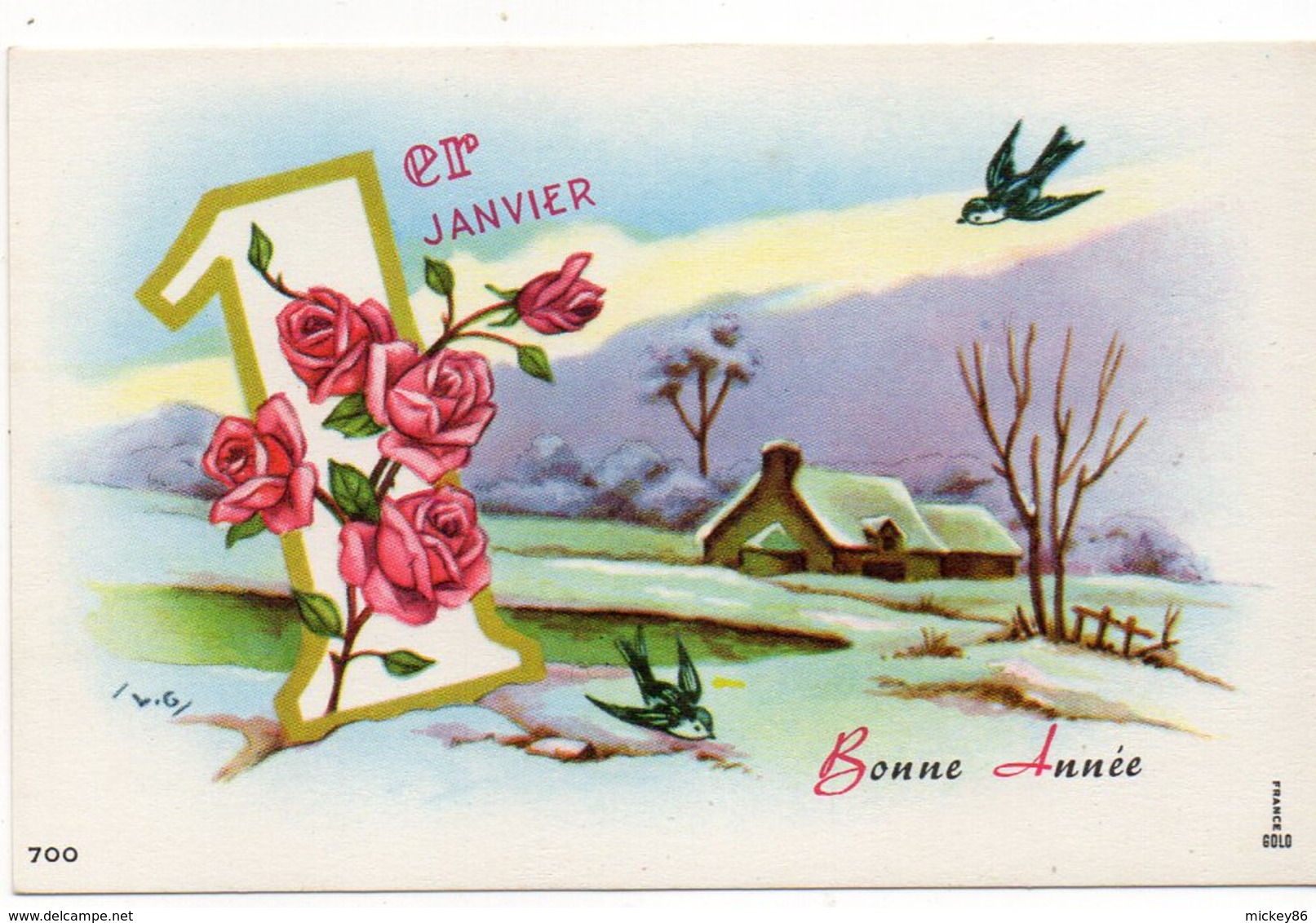 Nouvel An - Bonne Année -carte De Type Mignonnette Signée L.G - Paysage De Neige Et Village--1er -roses-oiseau - Nouvel An