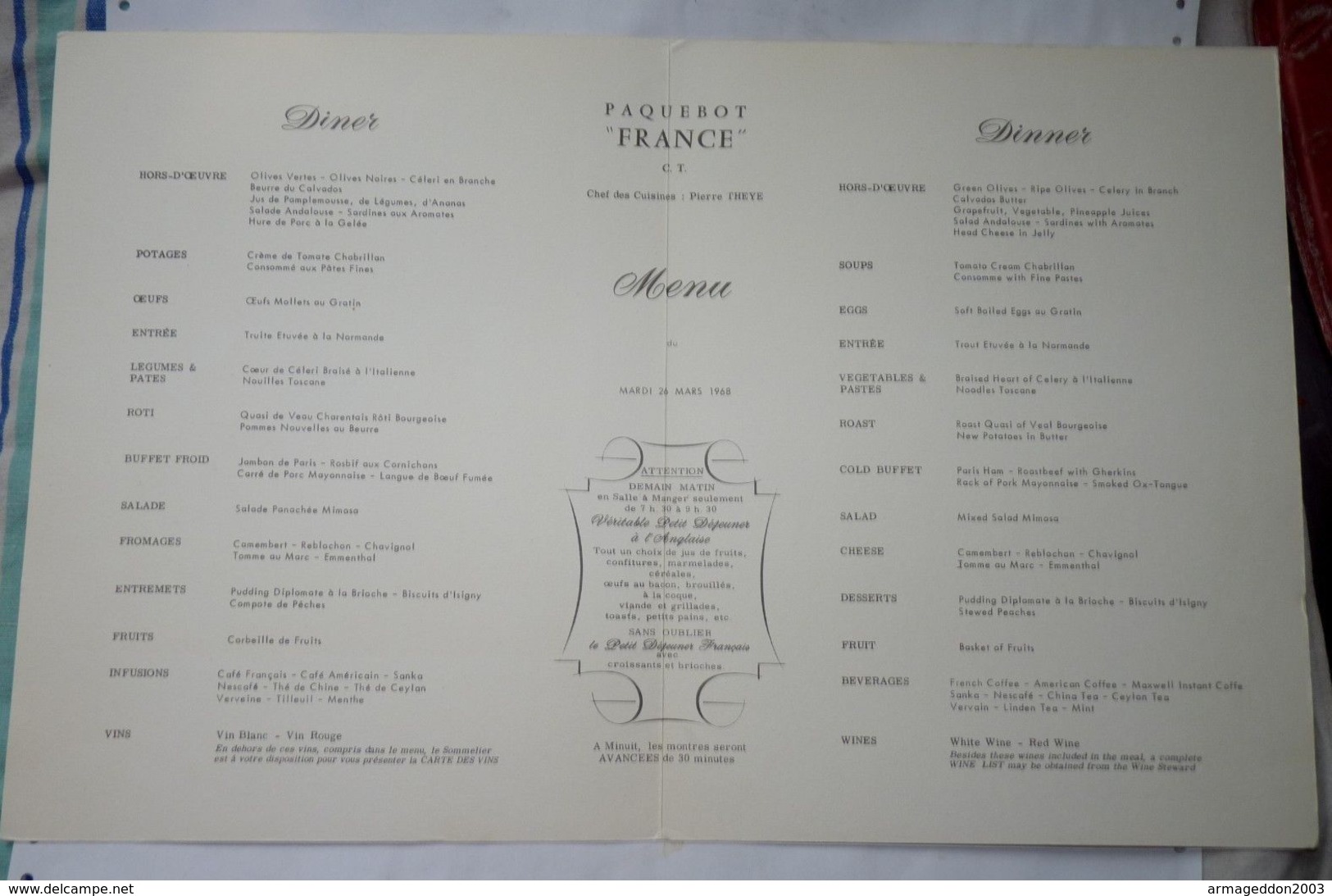 MENU PAQUEBOT "LE FRANCE" FRENCH LINE 26.03 1968 Jean A. Mercier TRANSATLANTIQUE  27 X 21 cm environ  BE