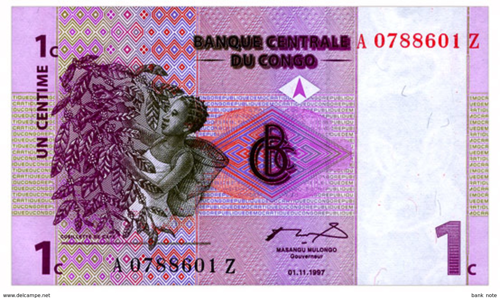 CONGO DEMOCRATIC REPUBLIC 1 CENTIME 1997 REPLACEMENT Pick 80r Unc - Democratic Republic Of The Congo & Zaire
