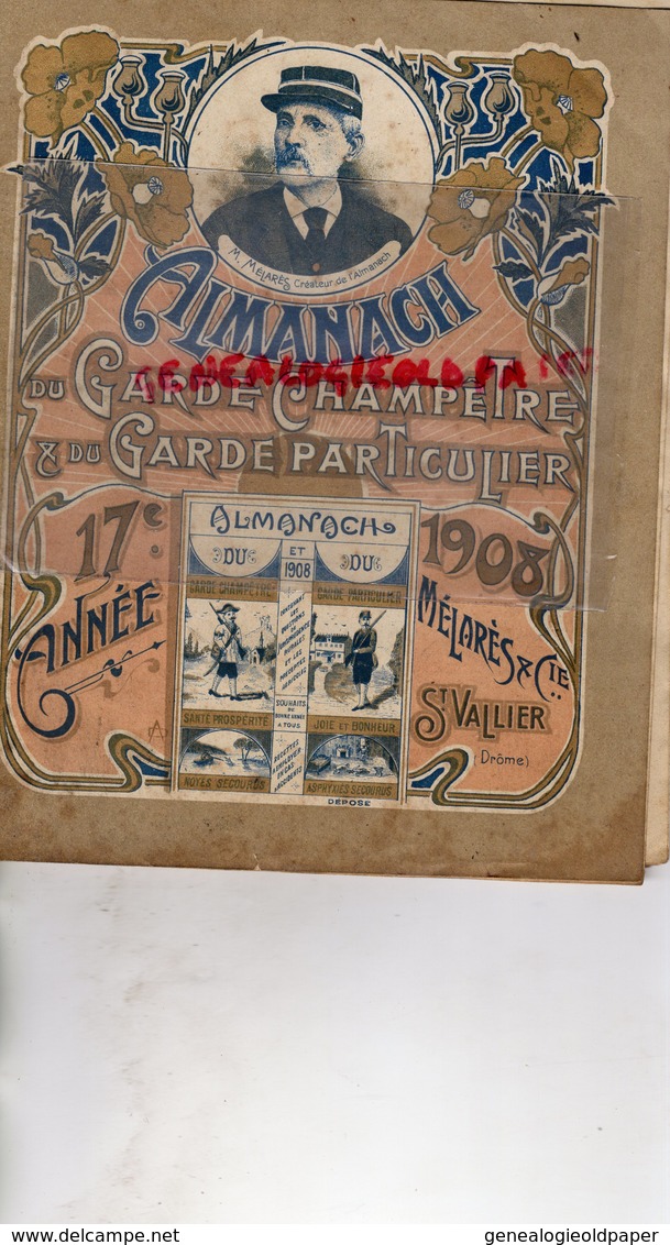 26- SAINT VALLIER- RARE ALMANACH DU GARDE CHAMPETRE CHASSE-PECHE- 1908-M. MELARES -VIN DE SANG ANEMIE- CH. JAILLARDON - Chasse/Pêche