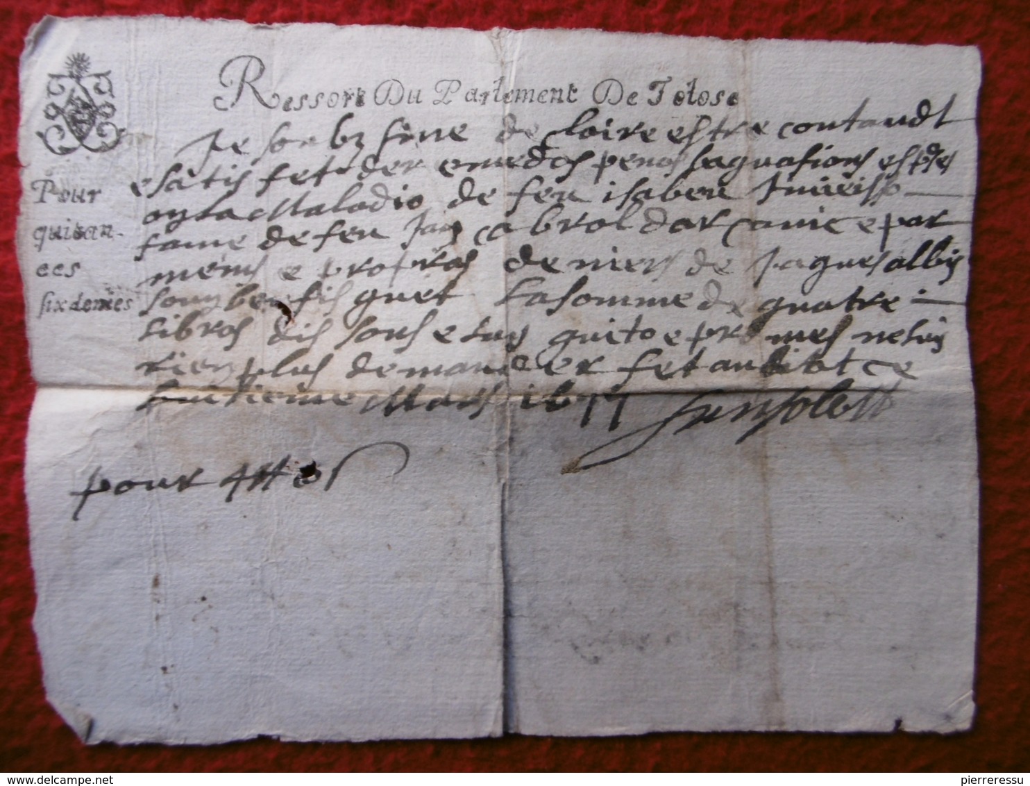 PAPIER TIMBRE GENERALITE TOULOUSE RESSORT DU PARLEMENT VERSO  1677 - Cachets Généralité