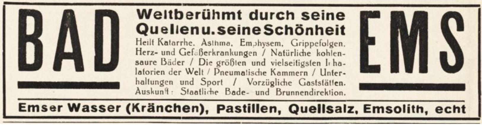 Original-Werbung/ Anzeige 1928 - BAD EMS - Ca. 140 X 35 Mm - Werbung