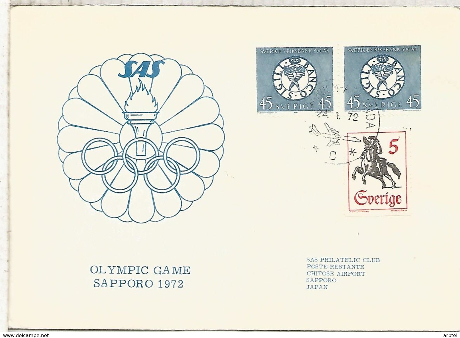 SUECIA CC VUELO ESPECIAL JUEGOS OLIMPICOS DE SAPPORO 1972 AL DORSO MAT OLYMPIC VILLAGE WINTER GAMES - Winter 1972: Sapporo