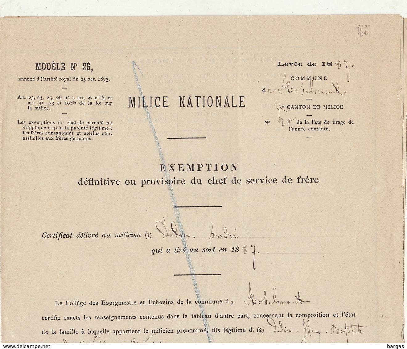 1887 Milice Nationale Exemption Du Chef De Service De Frère Robelmont - Documenten