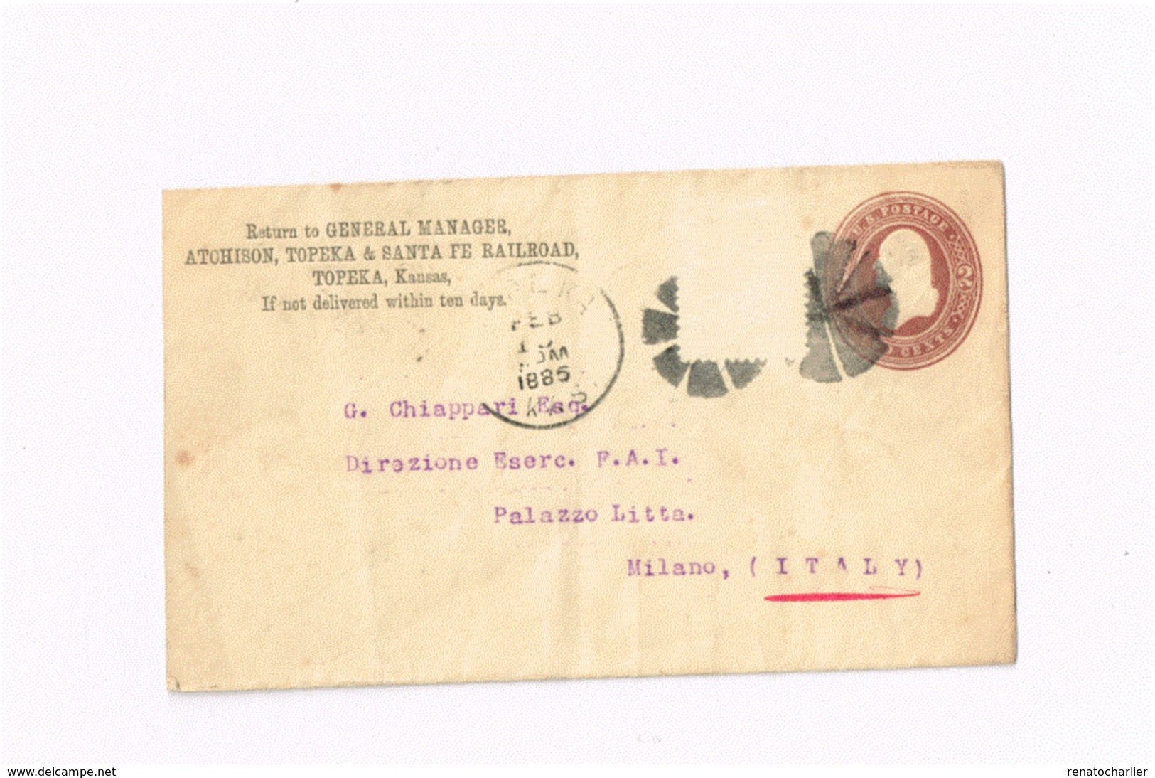 Entier Postal à 2 Cents. Expédié De Topeka (Kansas) à Milano (Italie) - ...-1900