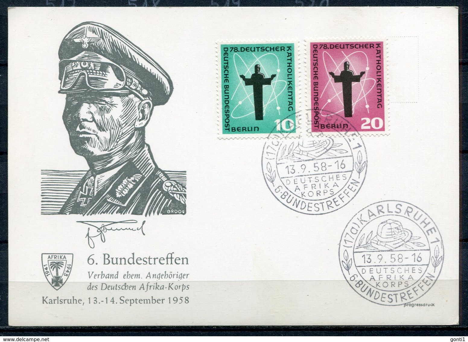 Germany 1958 Sonderkarte Deutsche Wehrmacht/Afrika-Korps Mit.Bln.Mi.179/80 Mit SST"Karlsruhe-6.Bundestreffen Dt."1 Beleg - Lettres & Documents