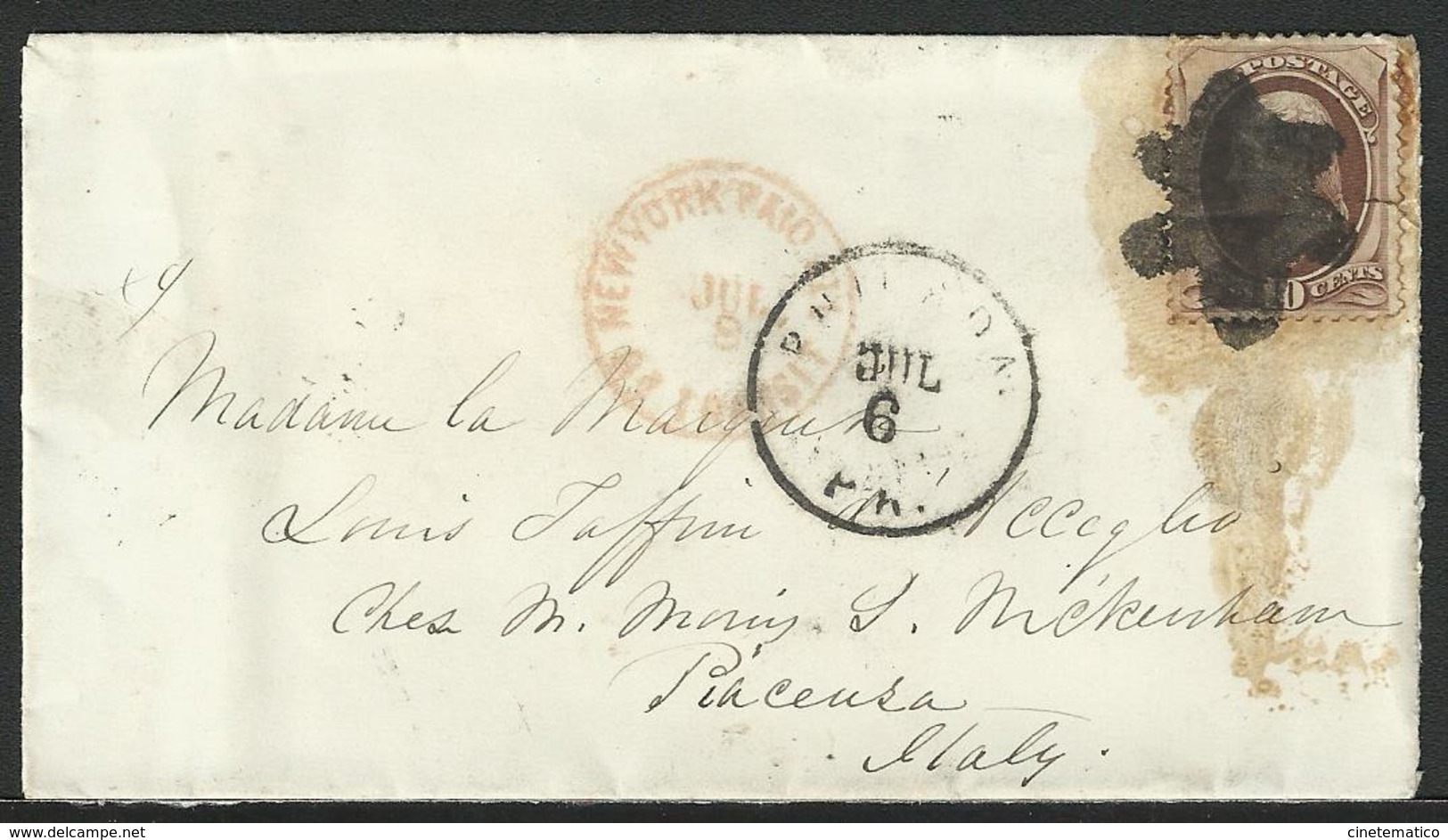 Little Envelope With Jefferson's Stamp To Piacenza: STAR's Fancy Cancel - Storia Postale