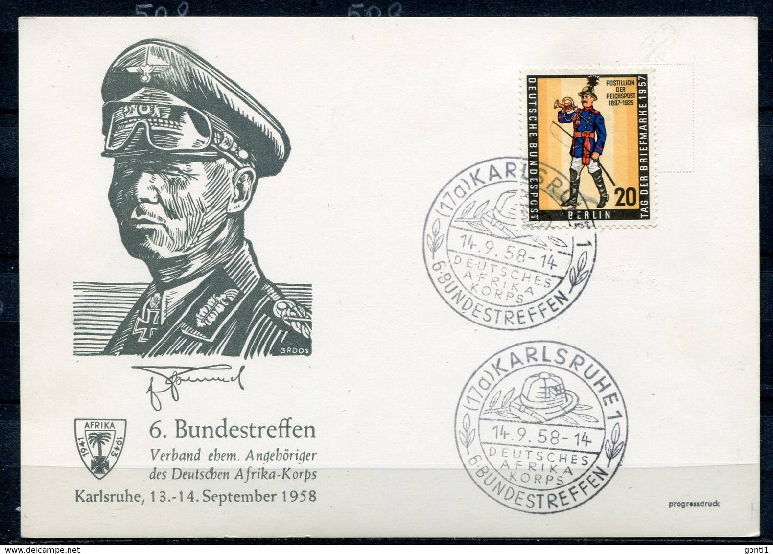 Germany 1958 Sonderkarte Deutsche Wehrmacht/Afrika-Korps Mit.Bln.Mi.176 Mit SST"Karlsruhe-6.Bundestreffen Dt."1 Beleg - Lettres & Documents