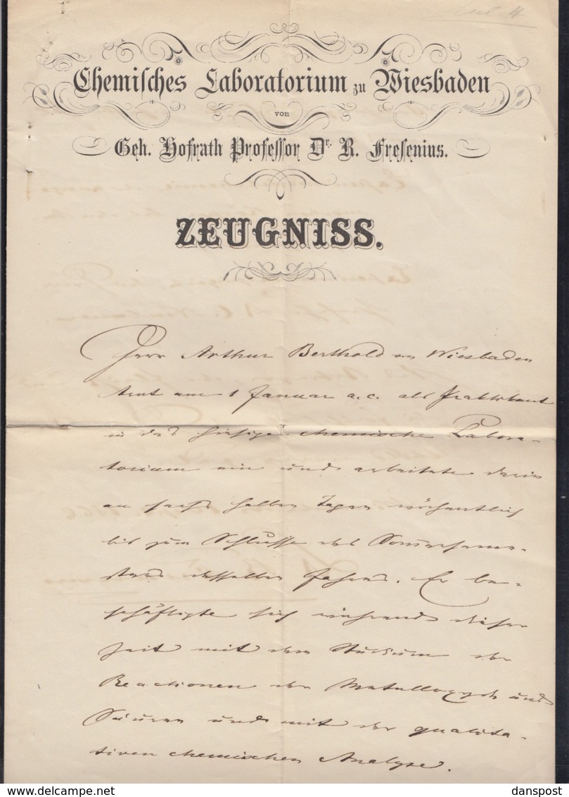 Zeugniss 1866 Chemisches Laboratorium Wiesbaden Signiert Fresenius - Sonstige & Ohne Zuordnung