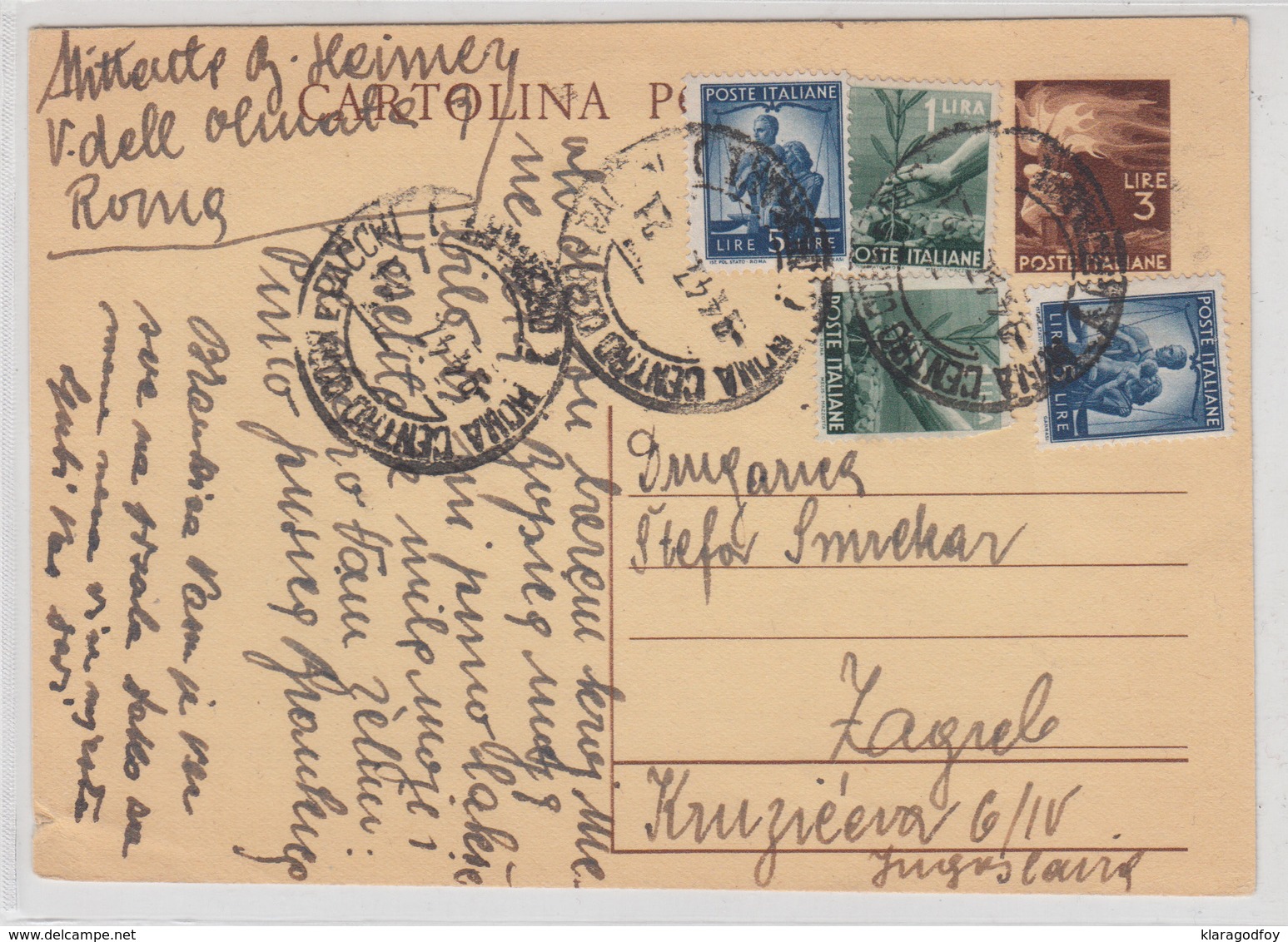 Italy Postal Stationery Postcard Cartolina Postale Travelled 1947 To Yugoslavia - Uprated Bb180612 - Ganzsachen