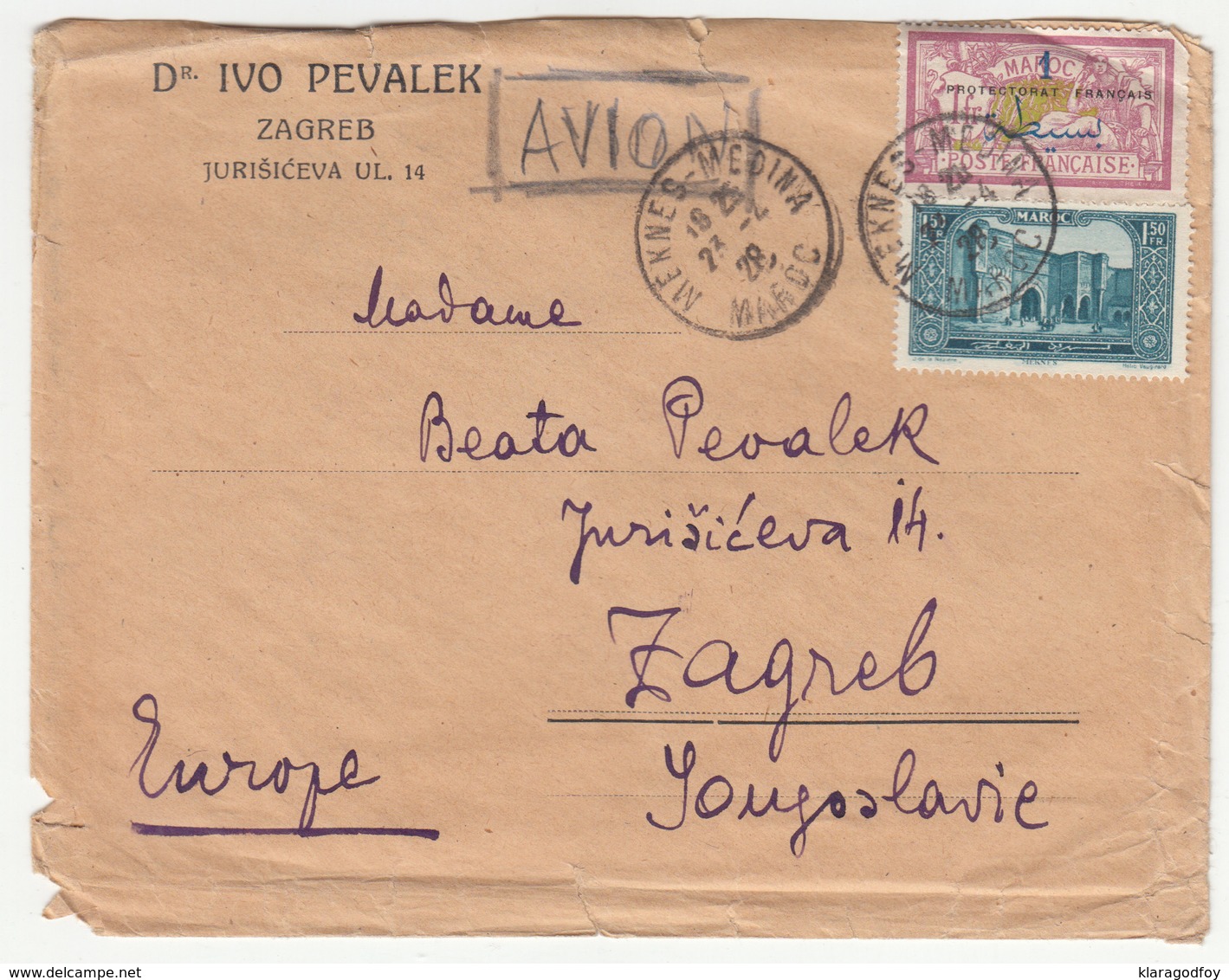 Ivo Pevalek Private Letter Cover Travelled 1928 Meknes-Medina To Zagreb Bb180612 - Lettres & Documents