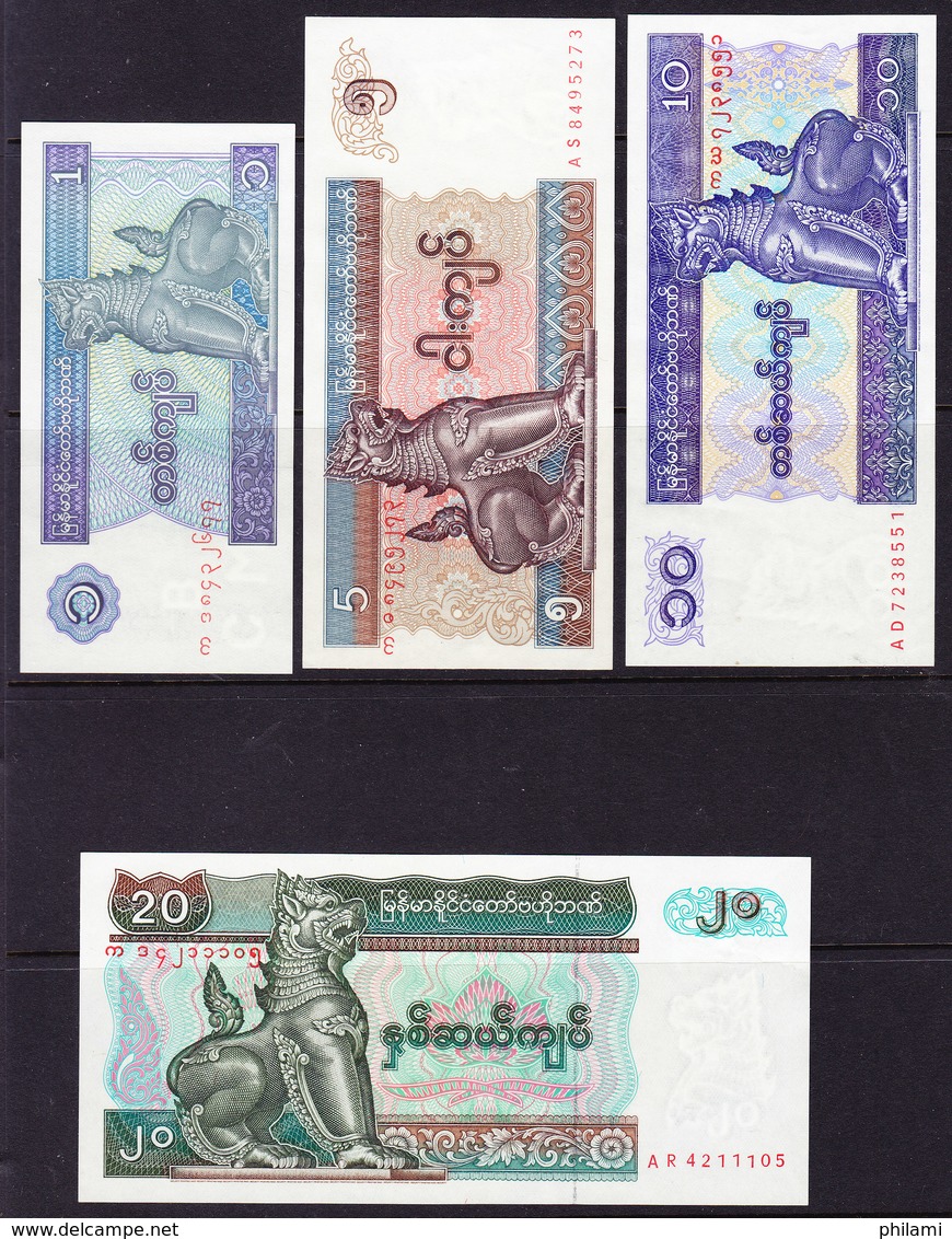 MYANMAR Ex BURMA.BILLETS DE 1, 5, 10 Et 20 KYATS UNCIRC. (BB22) - Myanmar