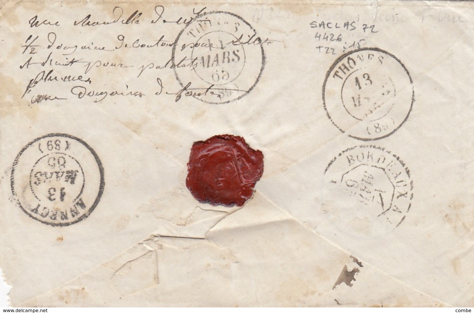 LETTRE. 12 MARS 65. PERLÉ T22 SACLAS SEINE-ET-OISE. GC 4426   POUR NANTES  / 3 - 1849-1876: Période Classique