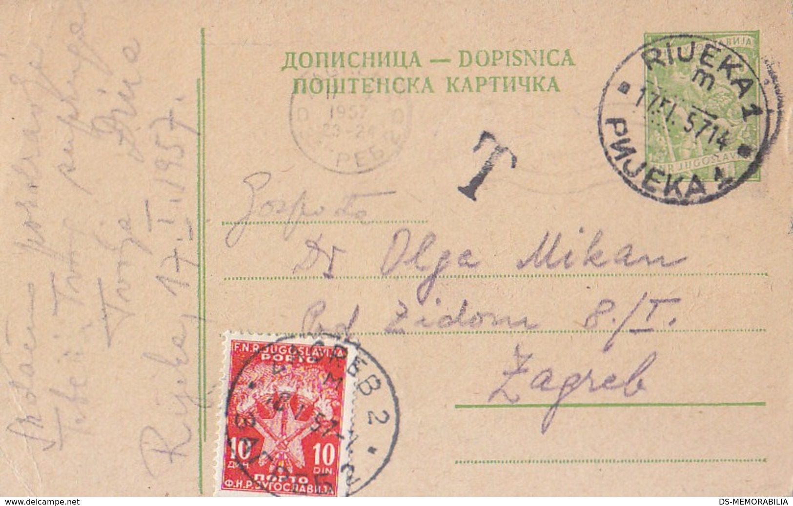 Yugoslavia Postage Due 10 Din On Stationery Rijeka Zagreb 1957 - Portomarken